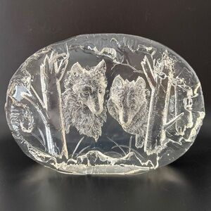 Lucite Ice Art Wolf Pair Relief Sculpture Resin Nature Wolves Cabin Rustic